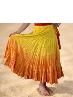 90’s Vintage Ombre Tiered Maxi Skirt Flame Gradient w/ Scarf Belt Boho Festival